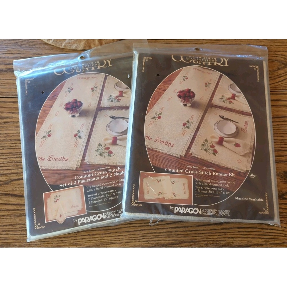 New Sealed Vintage 1985 Counted Cross Stitch Runner 2 Placemats Napkins Berry